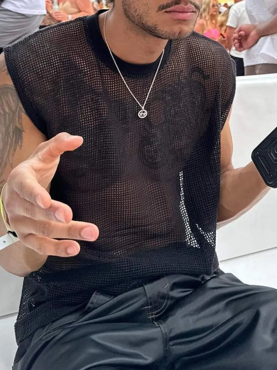 Black open-knit sleeveless mesh tank top with crew neck