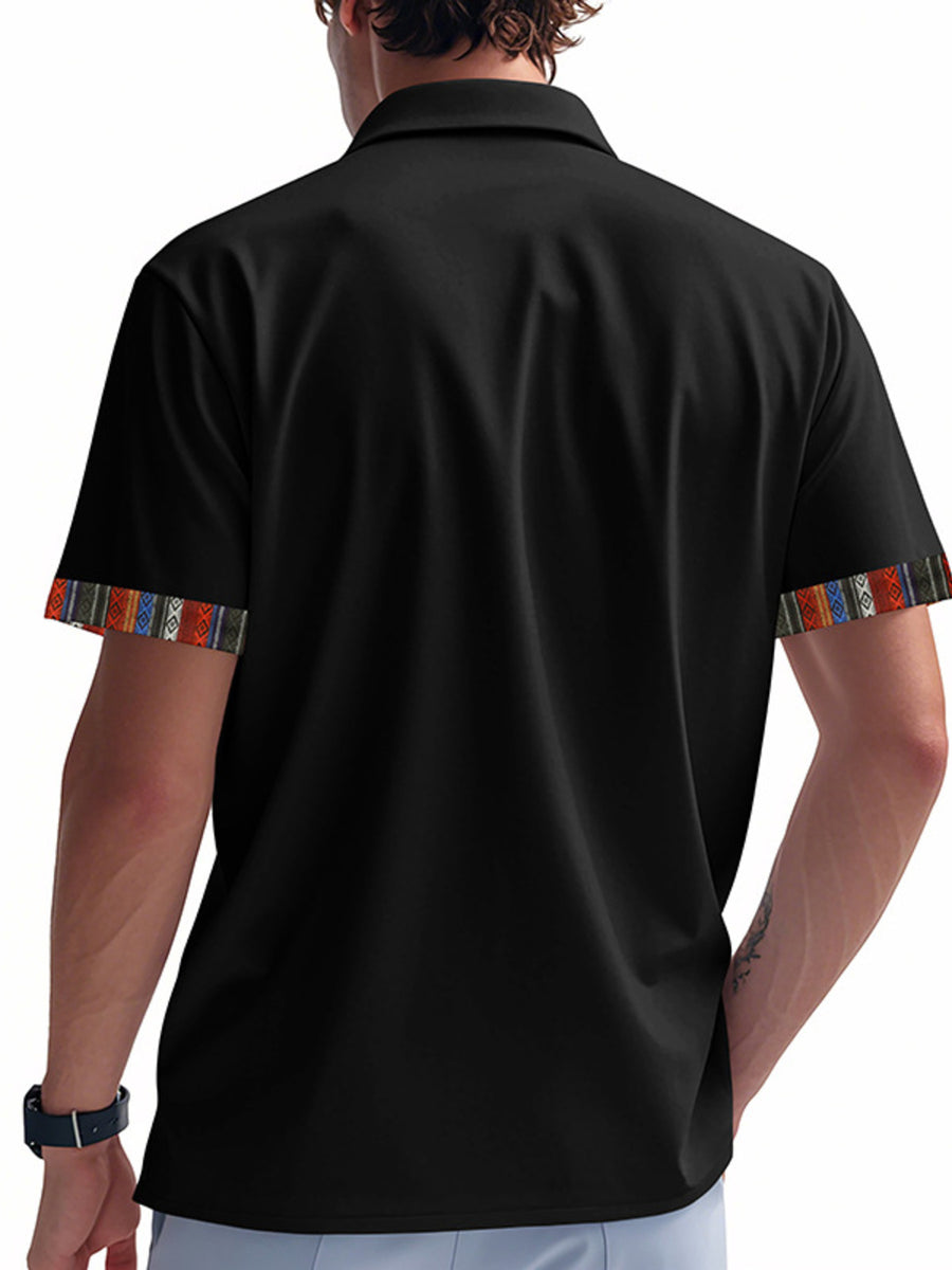 Black short sleeve men's cotton shirt with vibrant geometric trim on sleeves.