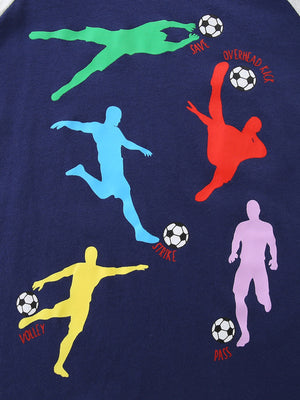 Navy long sleeve tee with colorful soccer player graphics and action words