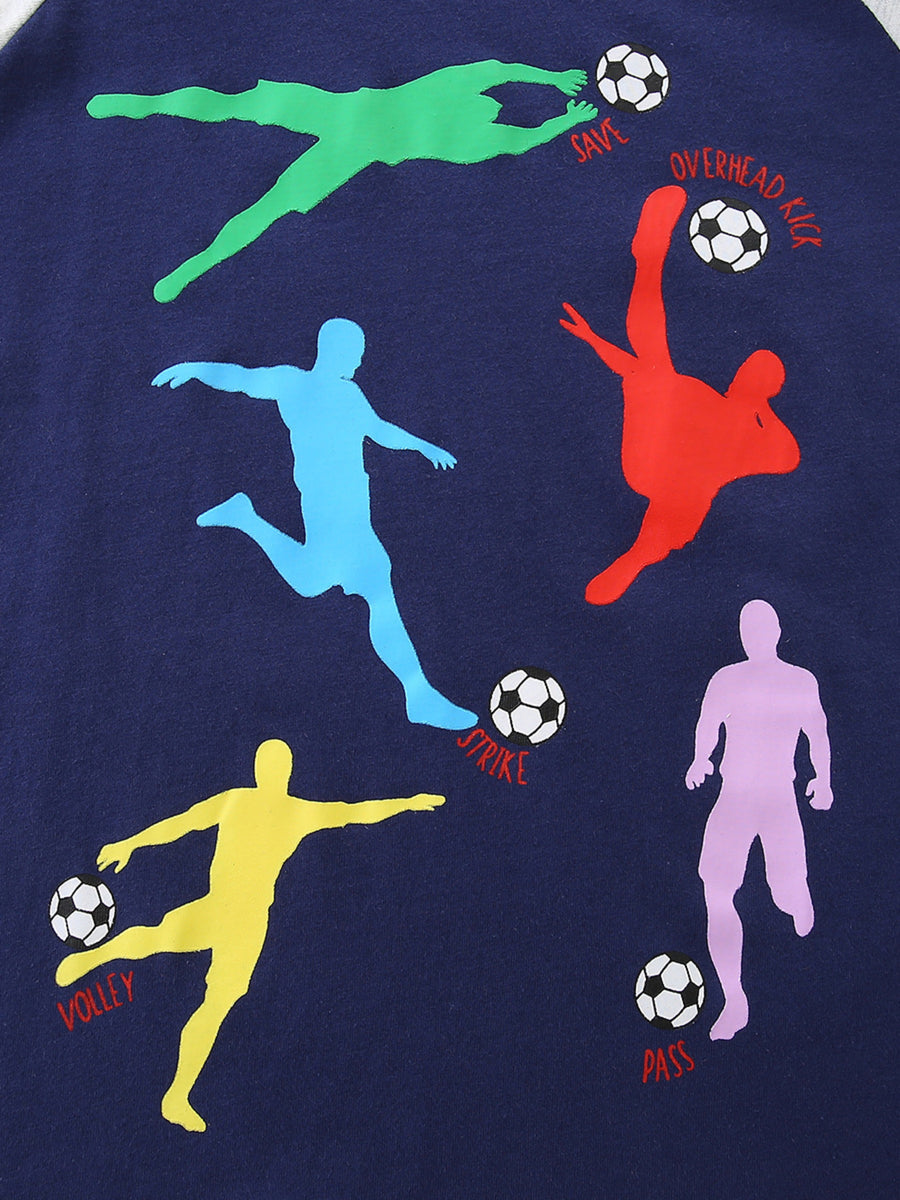 Navy long sleeve tee with colorful soccer player graphics and action words