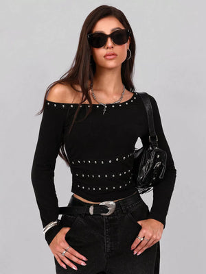 Black one shoulder long sleeve t-shirt with studded details and off-the-shoulder neckline.