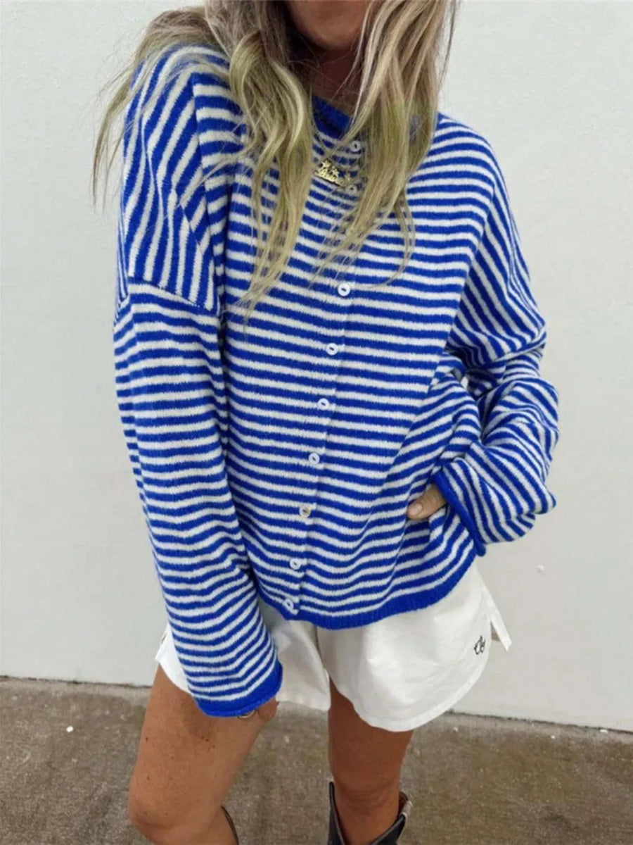 Striped Knit Button Up Cardigan in Black