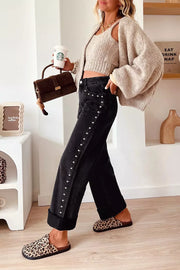 black straight jeans with ankle-length and button and zip fly