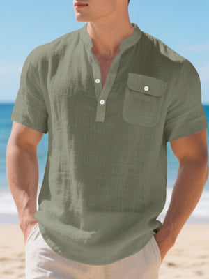 Men's military green cotton band-collar short-sleeve shirt with button-down placket and chest pocket.