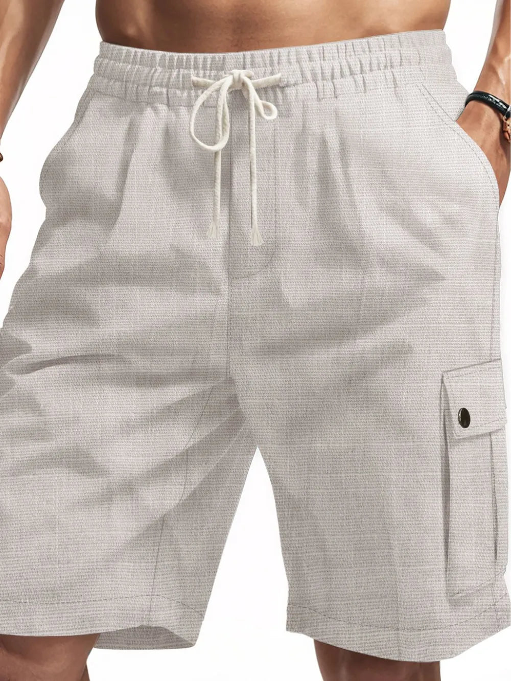 Light Gray textured cargo shorts with drawstring waist and button flap pocket.