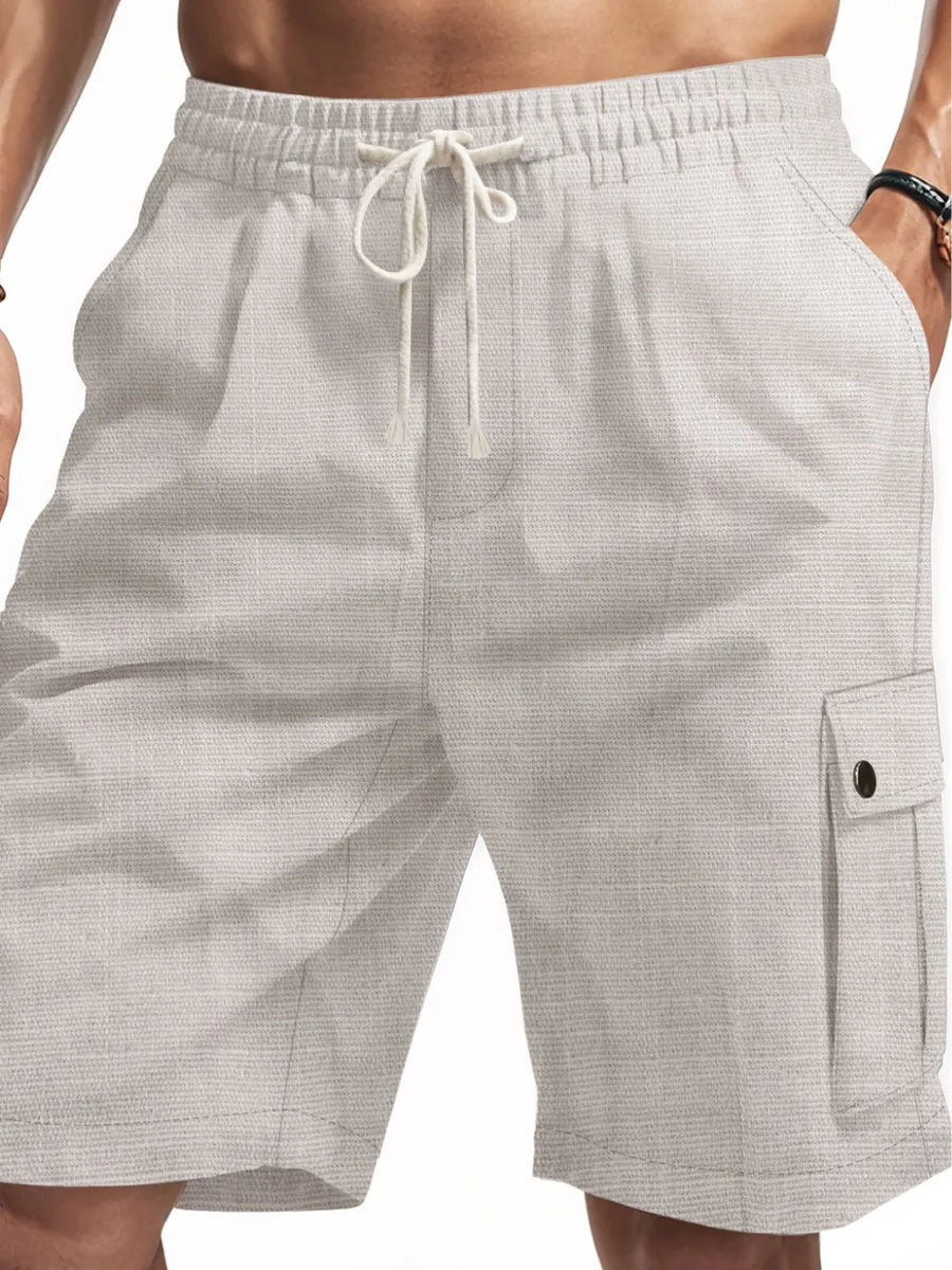 Light Gray textured cargo shorts with drawstring waist and button flap pocket.