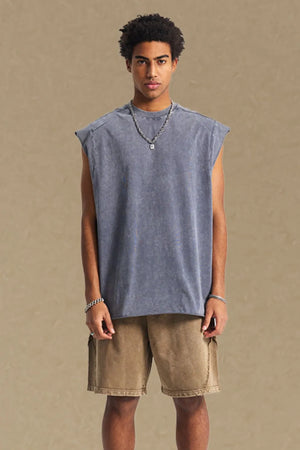 Raw edge muscle tank top in gray with a relaxed fit and crew neck.