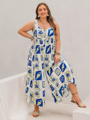 Plus-size relaxed jumpsuit with nautical print, button front, wide legs, and scoop neck.