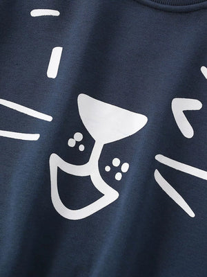 Dark navy crew-neck sweatshirt with a white cartoon cat face design.