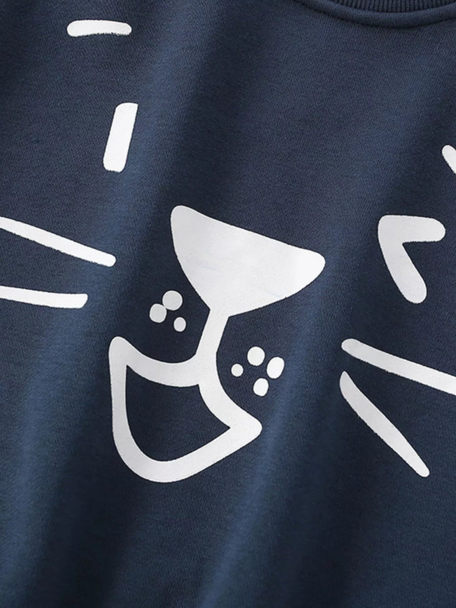Dark navy crew-neck sweatshirt with a white cartoon cat face design.