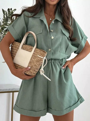 Gum Leaf with Button Front Short Sleeve Shirt And Shorts Set