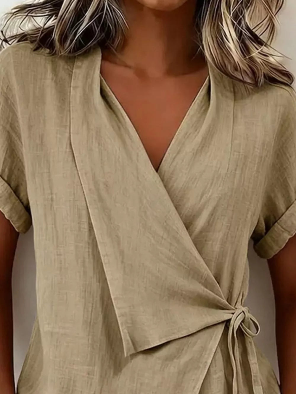 Tie-side Detail Wrap Top in light gray with tie-side