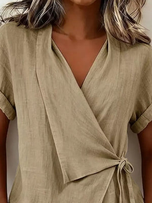Tie-side Detail Wrap Top in light gray with tie-side