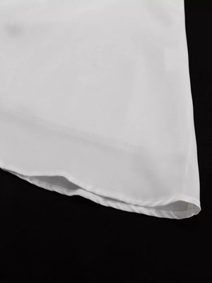 White sheer blouse with a curved hem and subtle texture.