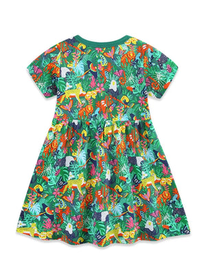 Green cotton toddler dress with jungle animal and butterfly print, short sleeves, and gathered waist.