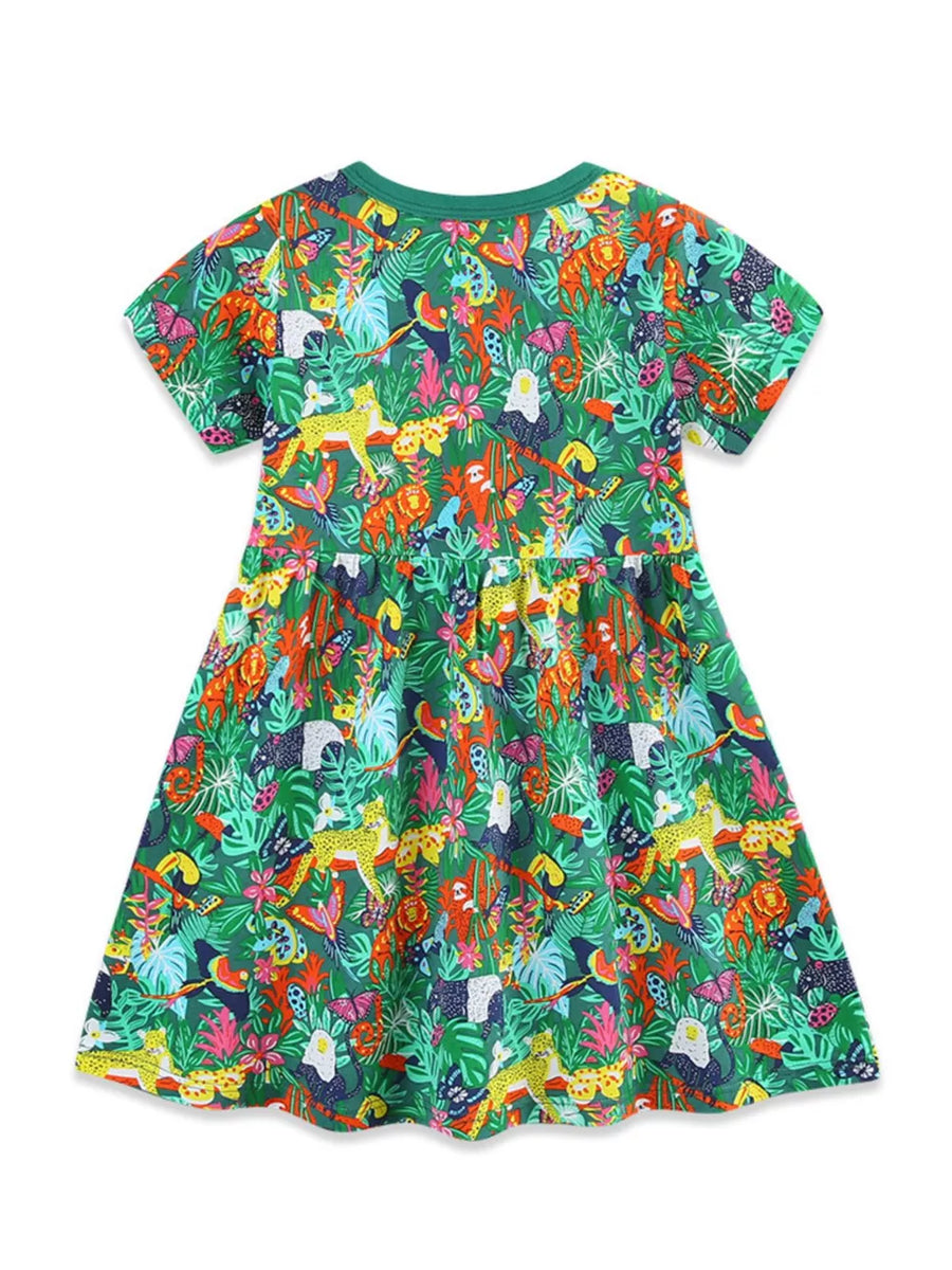 Green cotton toddler dress with jungle animal and butterfly print, short sleeves, and gathered waist.