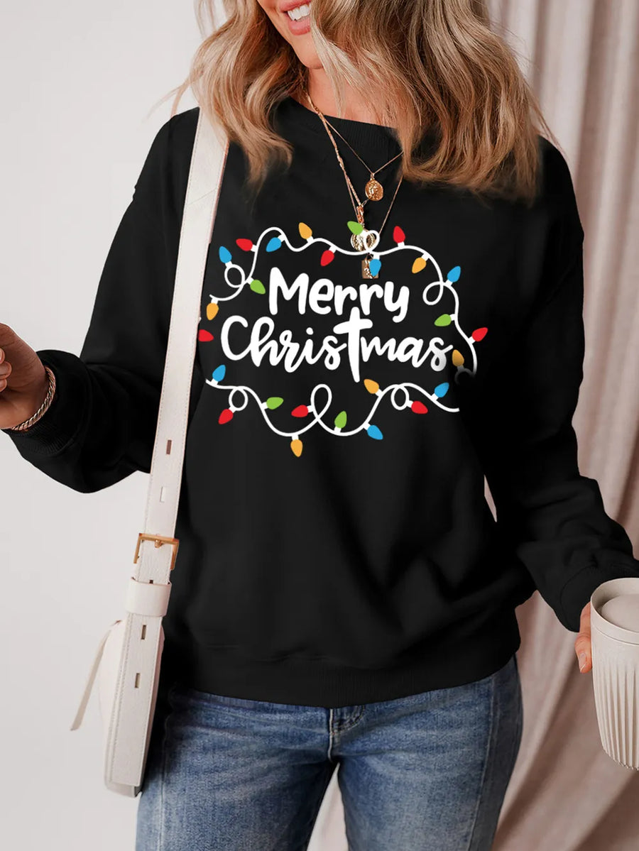 Black crewneck sweatshirt with Merry Christmas graphic and colorful lights pattern.