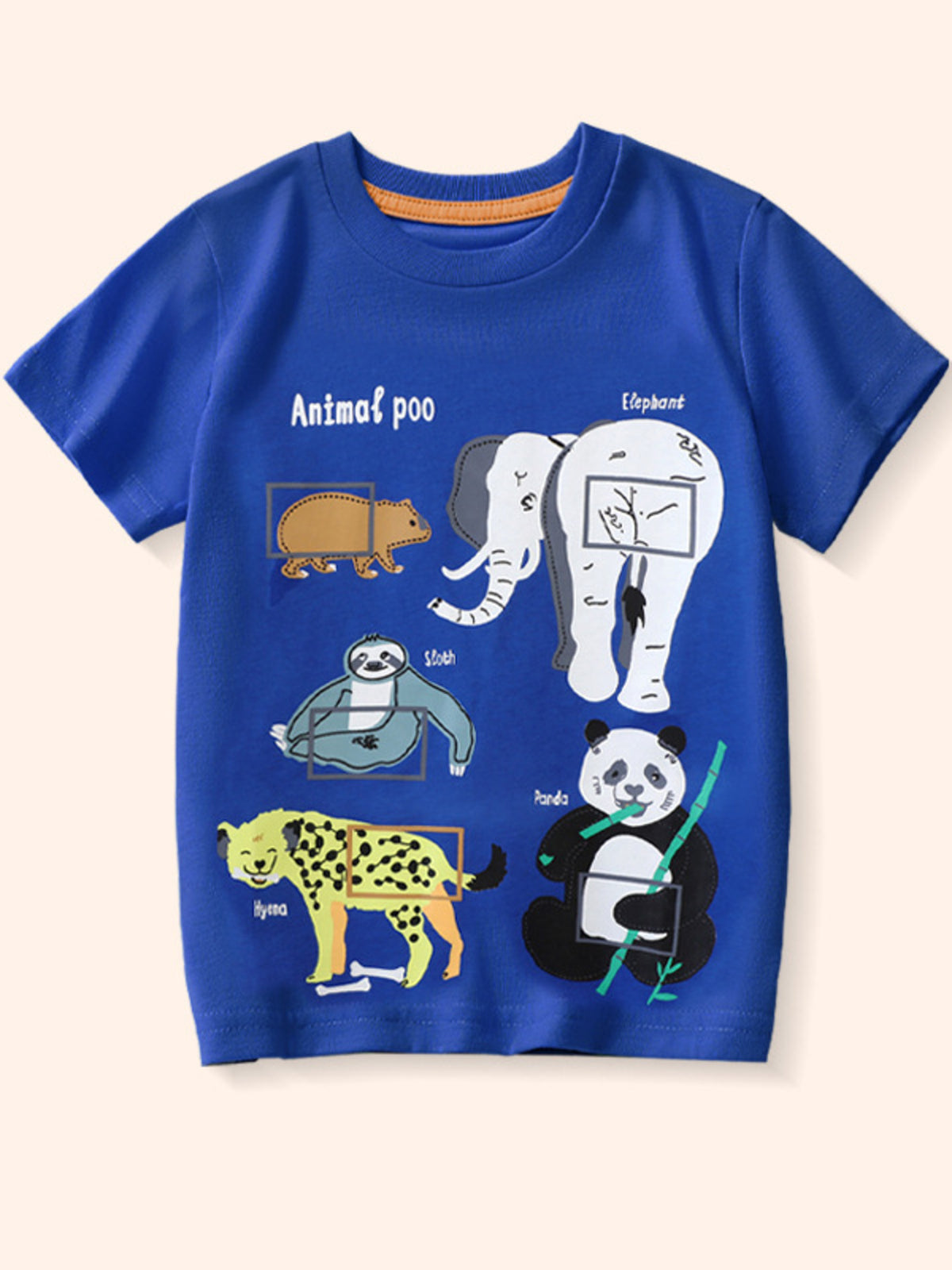 Royal blue cotton crew neck t-shirt with playful animal print graphic and text.