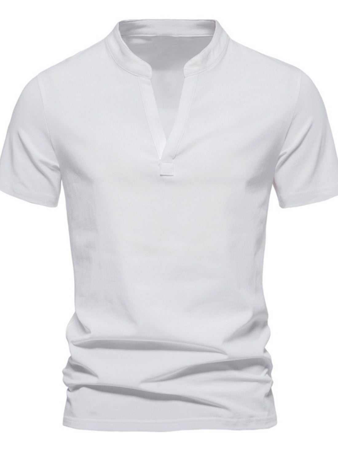 Men's white cotton short sleeve t-shirt with V-neck and collar detail