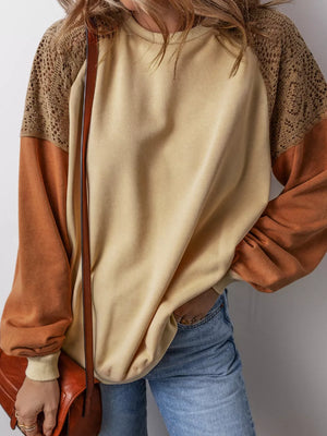 Tan with Lace Patchwork Colorblock Sweatshirt in Tan
