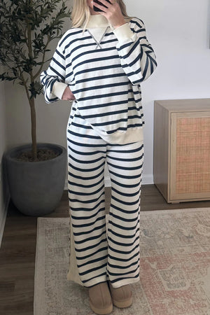cream lounge set with striped and mock neck