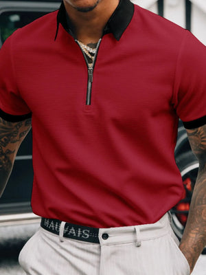 Deep Red textured zip-neck polo with black collar and cuffs.