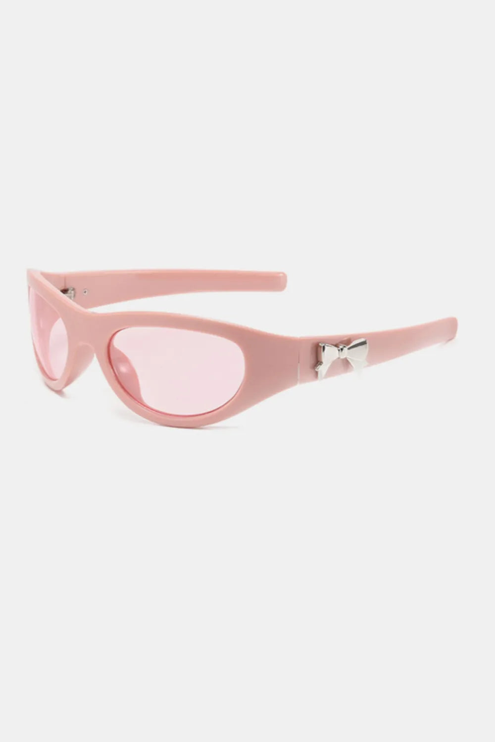 Dusty pink sporty shield sunglasses with silver bow embellishment