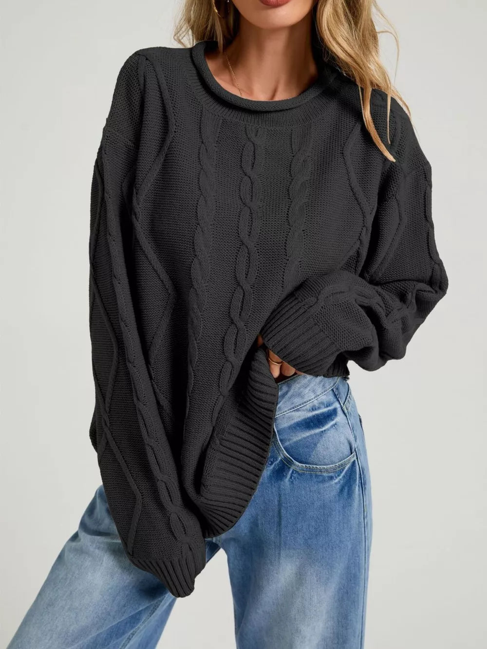 chocolate brown pullover sweater with ribbed hem and long sleeve