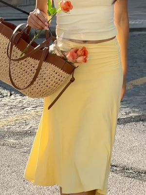 midi skirt in pale yellow with ruched and midi