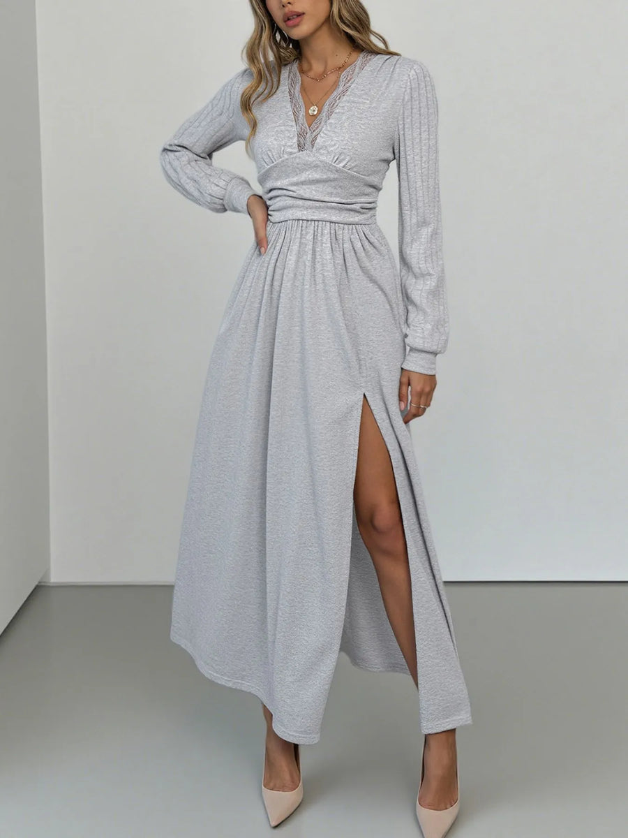 Light gray lace detail V-neck maxi dress with long sleeves and a high slit.