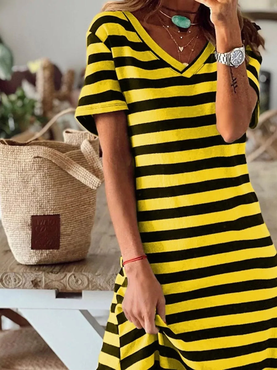 Full Size Striped V-neck Midi Dress With Side in White