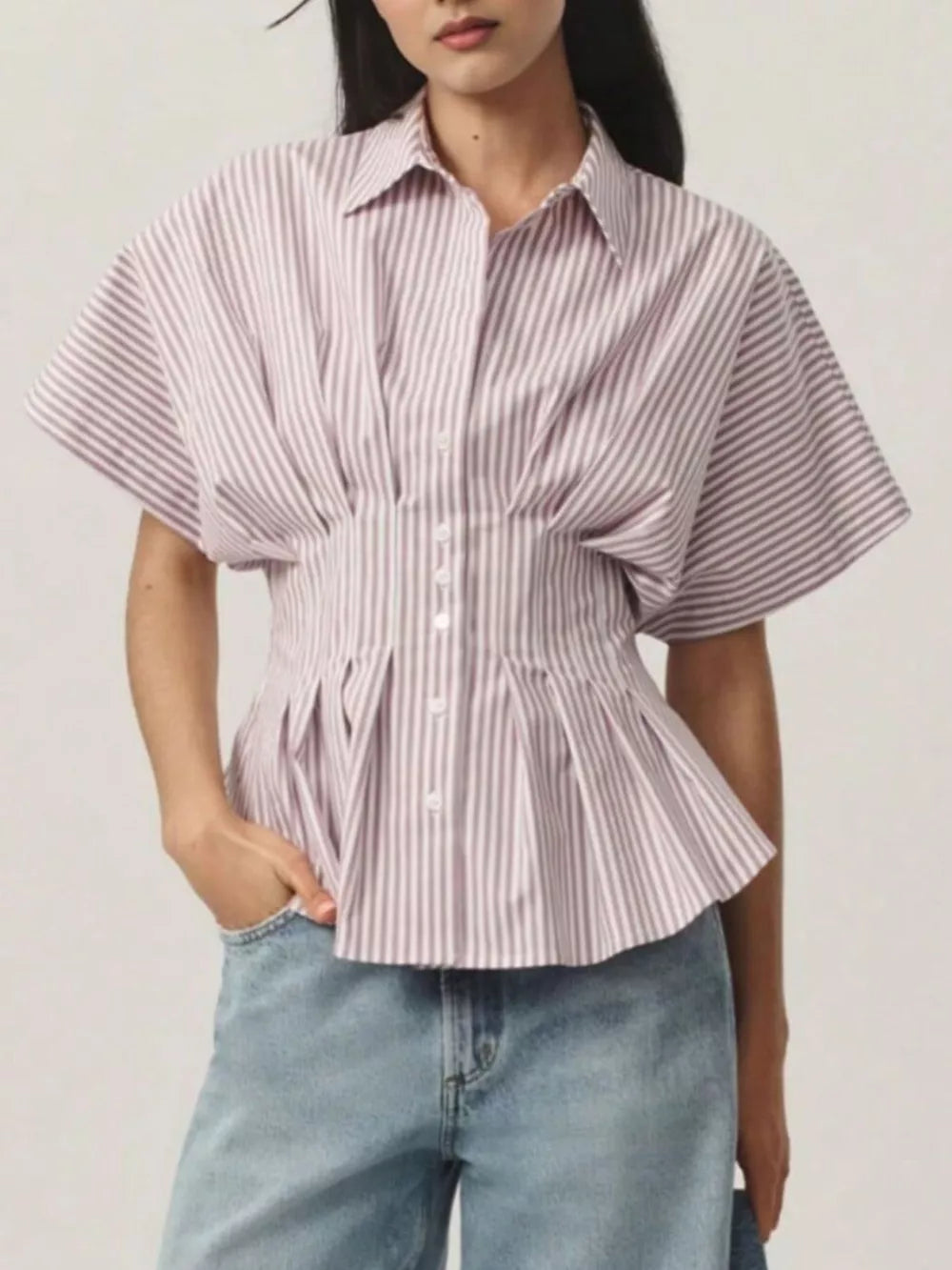Striped cinched waist maternity shirt with short dolman sleeves and button-down front.