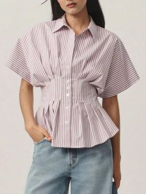 Striped cinched waist maternity shirt with short dolman sleeves and button-down front.