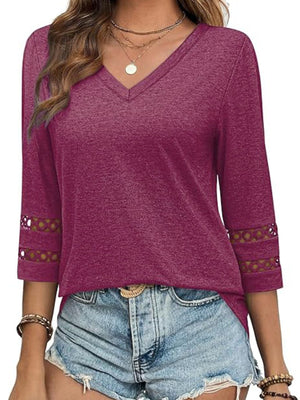 Burgundy 3/4 sleeve v-neck t-shirt with cutout detail on sleeves.