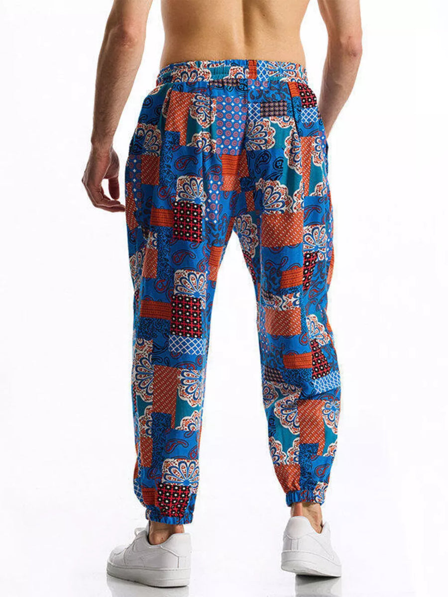 Red Men's Full Size Printed Drawstring Casual Pants