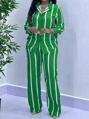 kelly green two-piece set with striped and collared