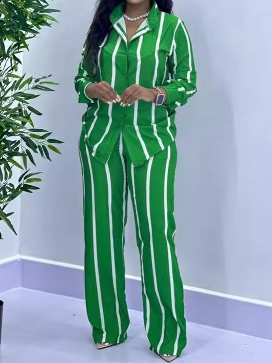kelly green two-piece set with striped and collared
