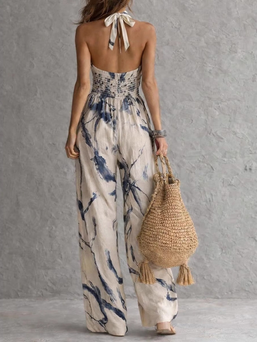 slate blue jumpsuit featuring pocketed and abstract