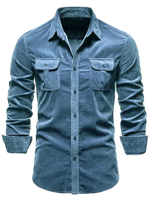 Corduroy utility shirt in dark blue with two chest pockets and button front.