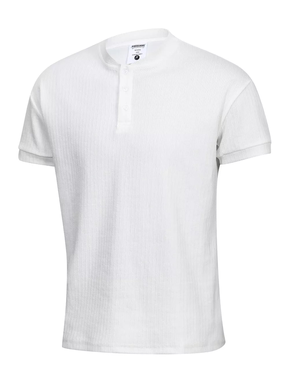 Men's white textured ribbed short sleeve henley t-shirt with button collar
