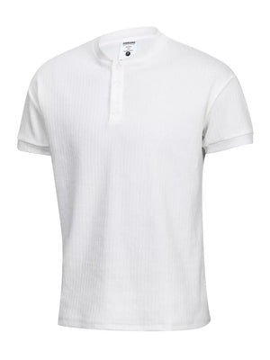 Men's white textured ribbed short sleeve henley t-shirt with button collar