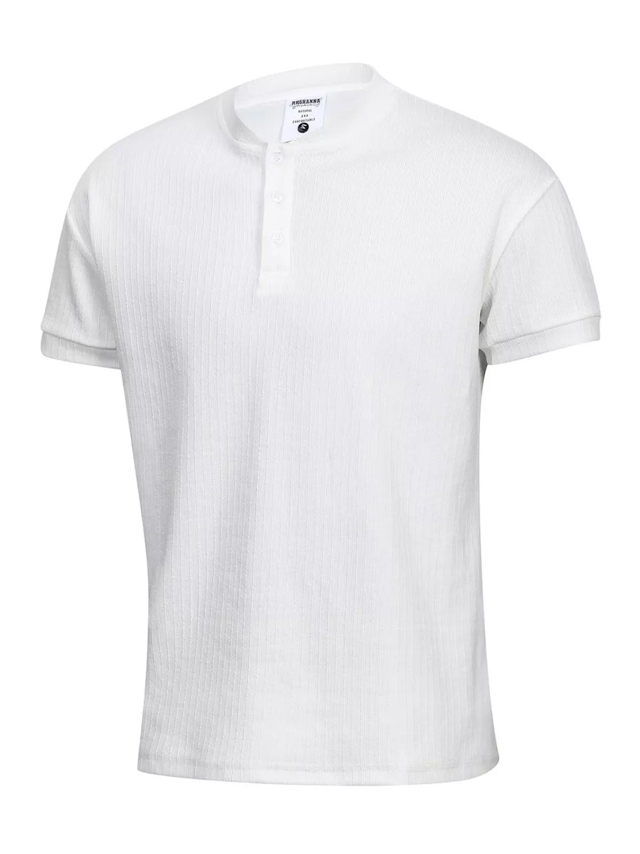 Men's white textured ribbed short sleeve henley t-shirt with button collar