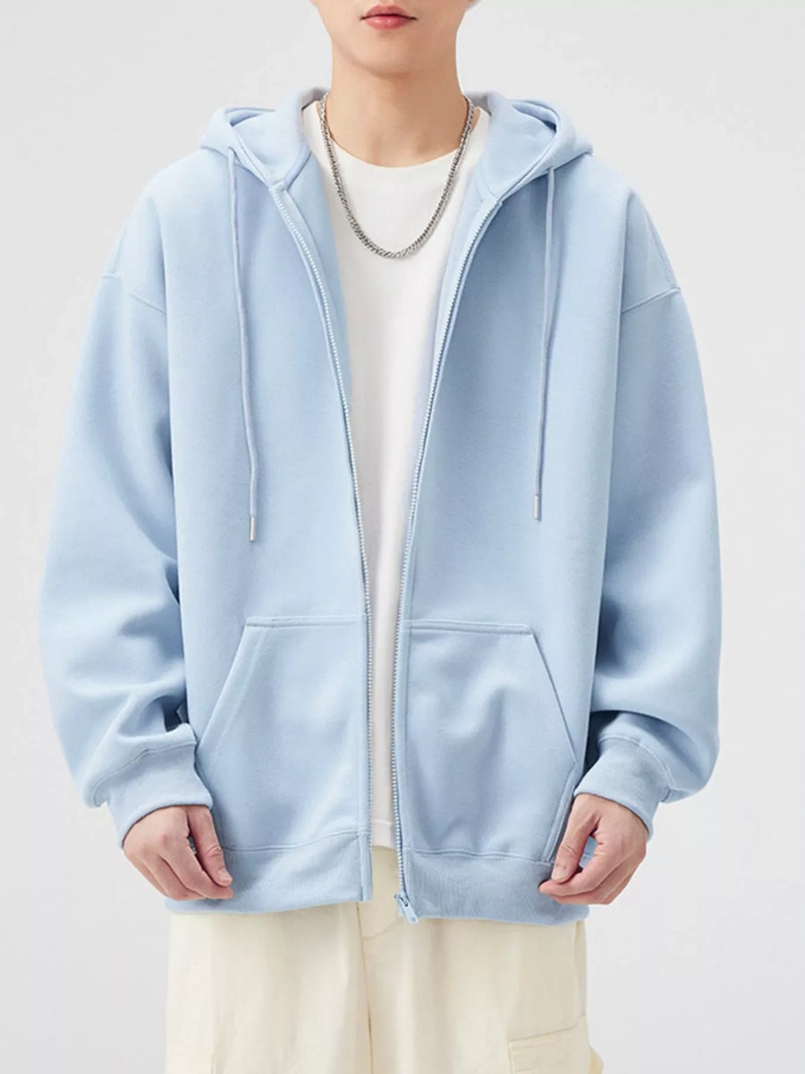 Casual loose fit zip-up hoodie in light blue with drawstring hood and front pocket.