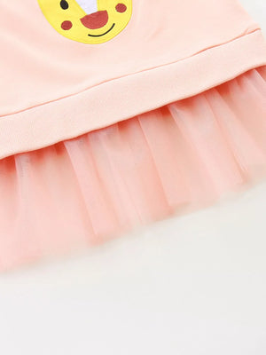 Watermelon pink cotton sweatshirt for baby girls with reindeer applique and tulle skirt detail.