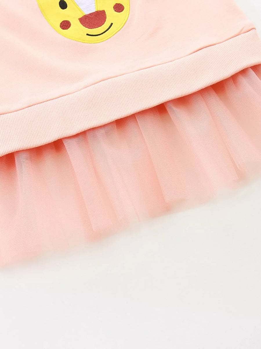 Watermelon pink cotton sweatshirt for baby girls with reindeer applique and tulle skirt detail.