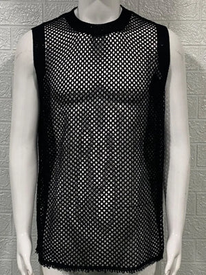 Black open-knit tank top with ribbed trim and a crew neck.