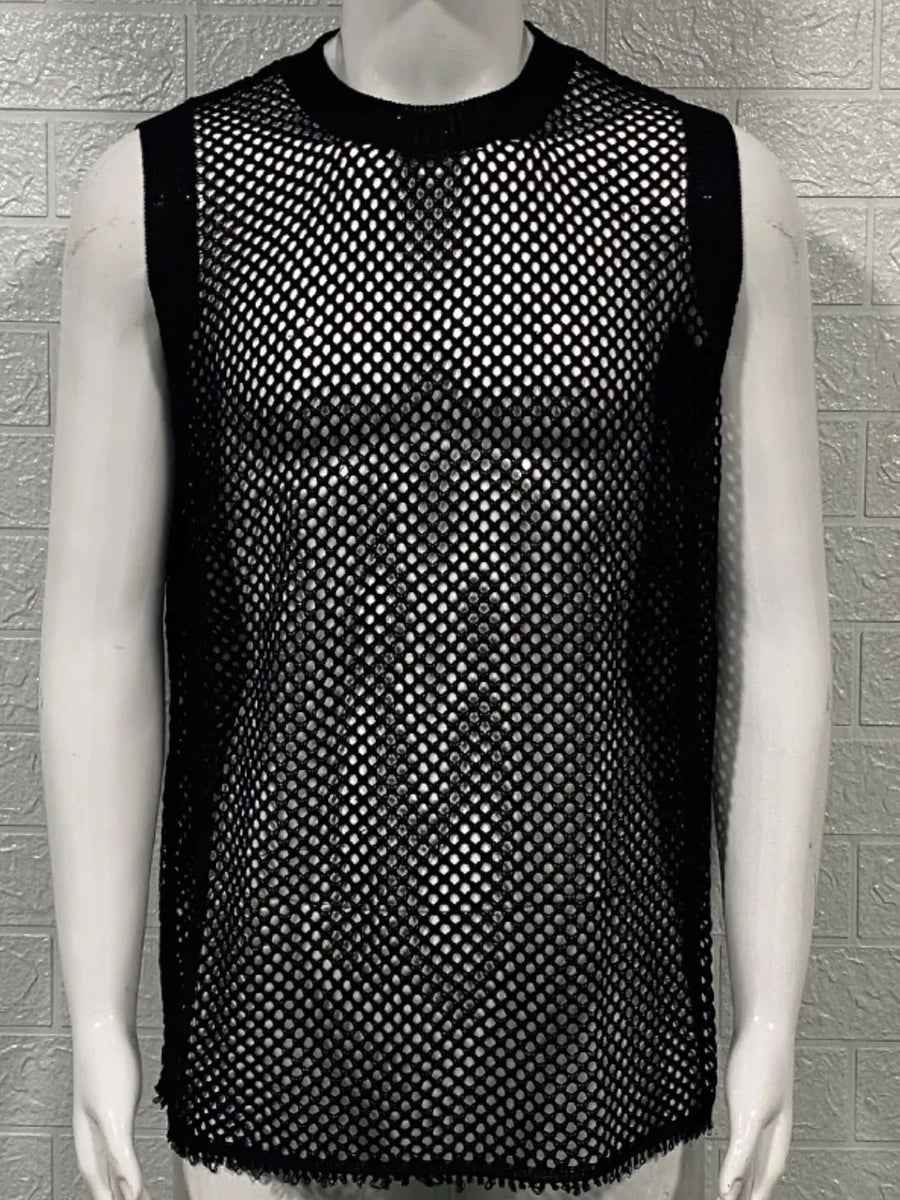 Black open-knit tank top with ribbed trim and a crew neck.
