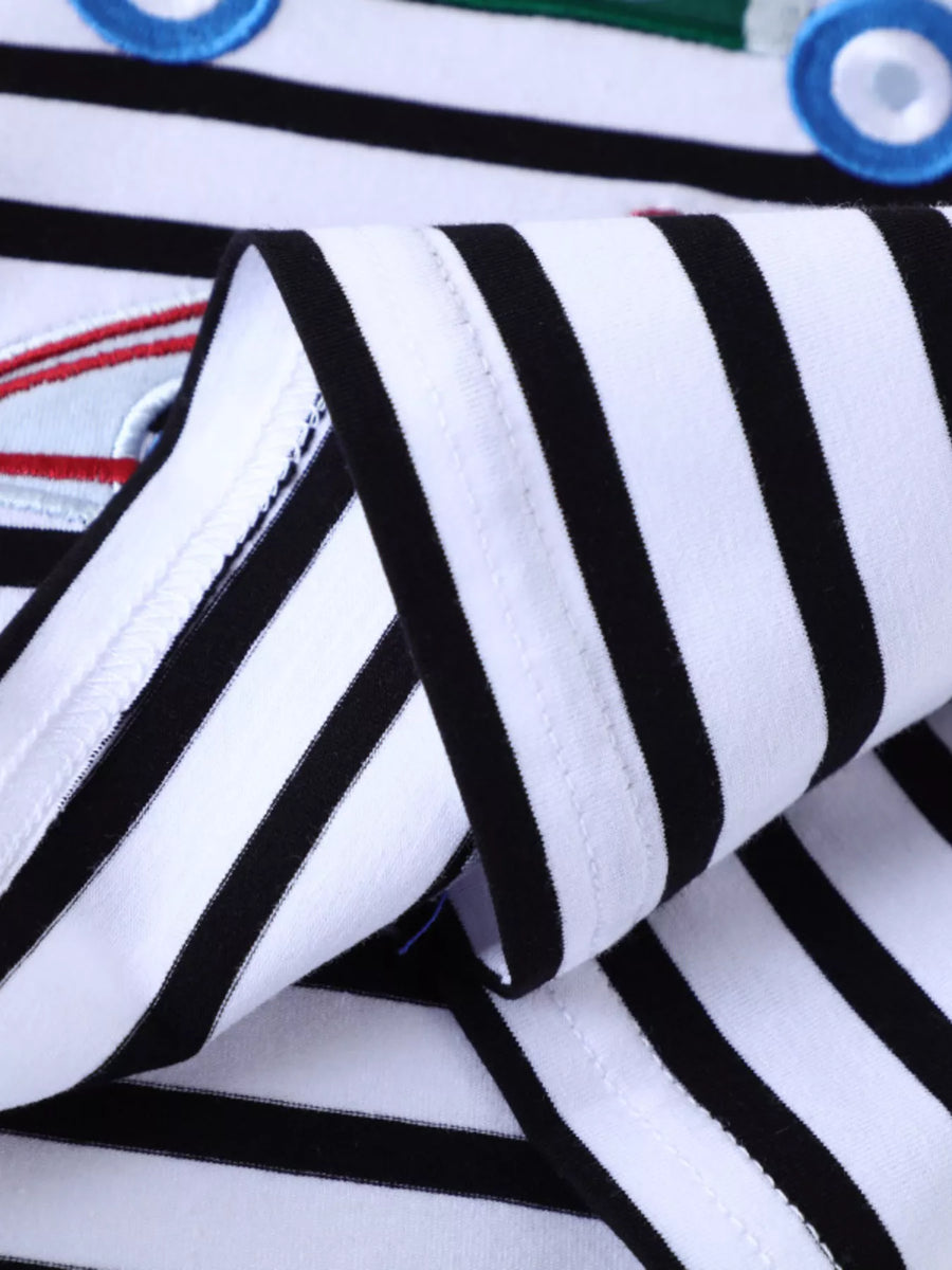 Black and white striped long-sleeve tee with embroidered racing car detail.