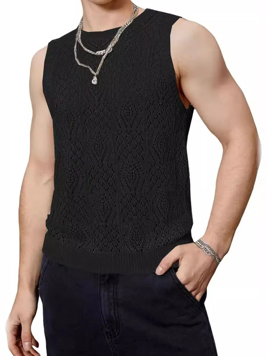 Black mesh muscle tee with diamond pattern and ribbed hem.
