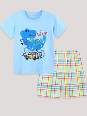 Boys' blue cotton tee with dinosaur graphic and plaid shorts.